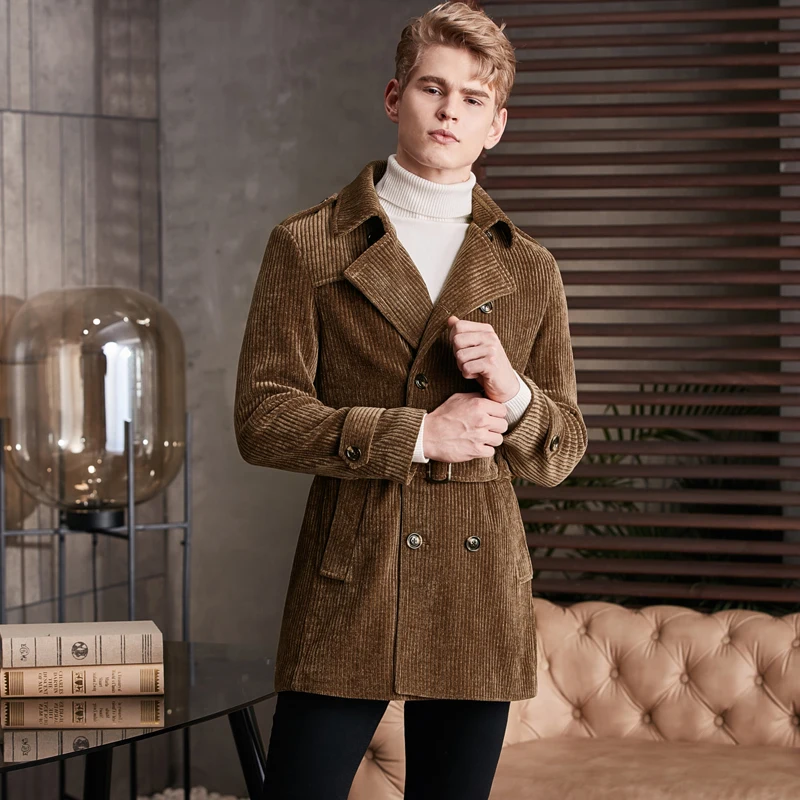 

New Corduroy Mens Trench Luxury Autumn Winter Medium Length Chenille Stripe Male Jackets Fashion Man Coats With Belt 6XL