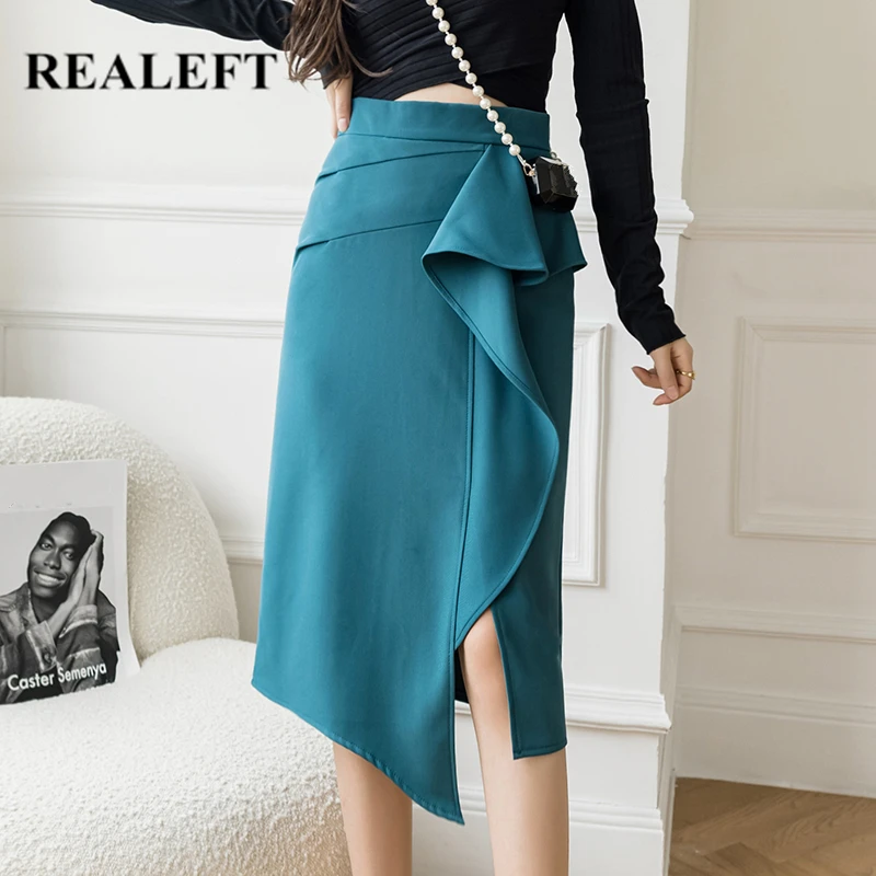 REALEFT Autumn Elegant Pleated Midi Wrap Skirts for Women 2021 New Ruffles High Waist Front Split Workwear Pencil Skirts Female