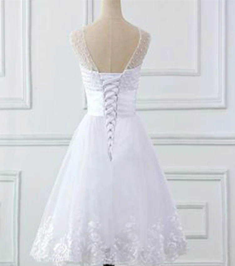 Robe De mariée courte en dentelle et perles blanches, col rond, ceinture, Simple, luxueuse, 2020