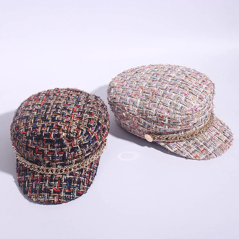 Spring Military Hats Small Grid Vintage Sailor Hats For Women Thread Tweed Yacht Captain Hat Small Sweet Wind Newsboy Cap