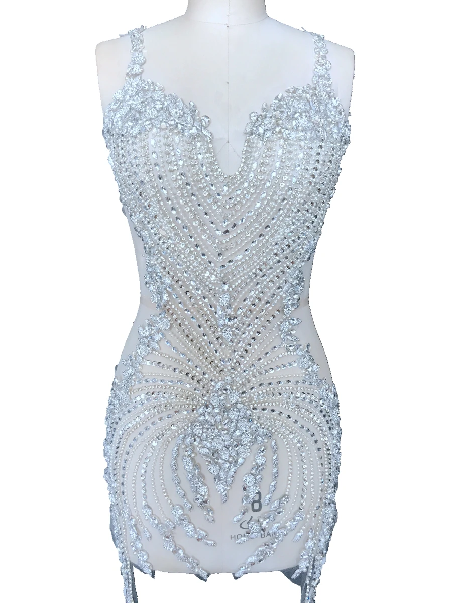 hand made sew on bodice Rhinestones applique on mesh s crystals full body patches 86*40cm/75*35cm wedding dress accessory