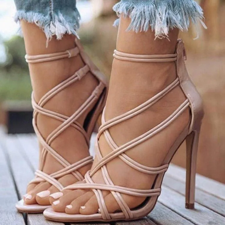 Ladies High Heels Sexy Sandals Fashion New Women\'s Shoes Black Zipper High Heel Sandals Hollow Cross Strap High Heel Sandals 42