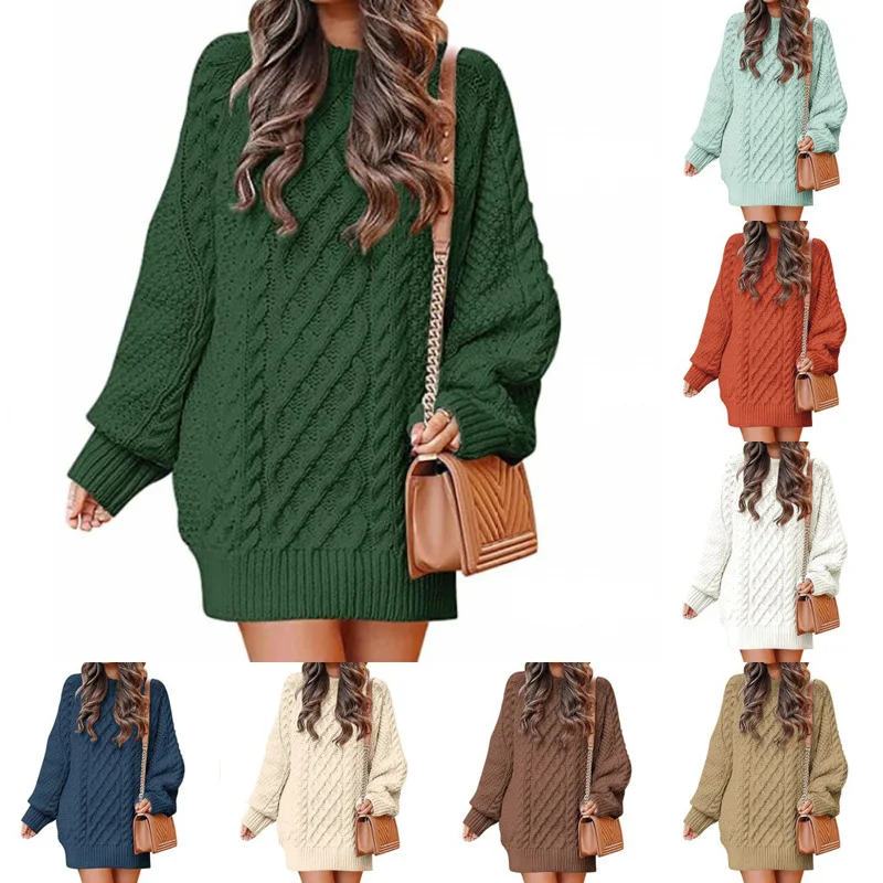 13 Colors Women Crewneck Long Sleeve Oversized Tops Cable Knit Chunky Pullove Thick Autumn and Winter Sweater Dresses