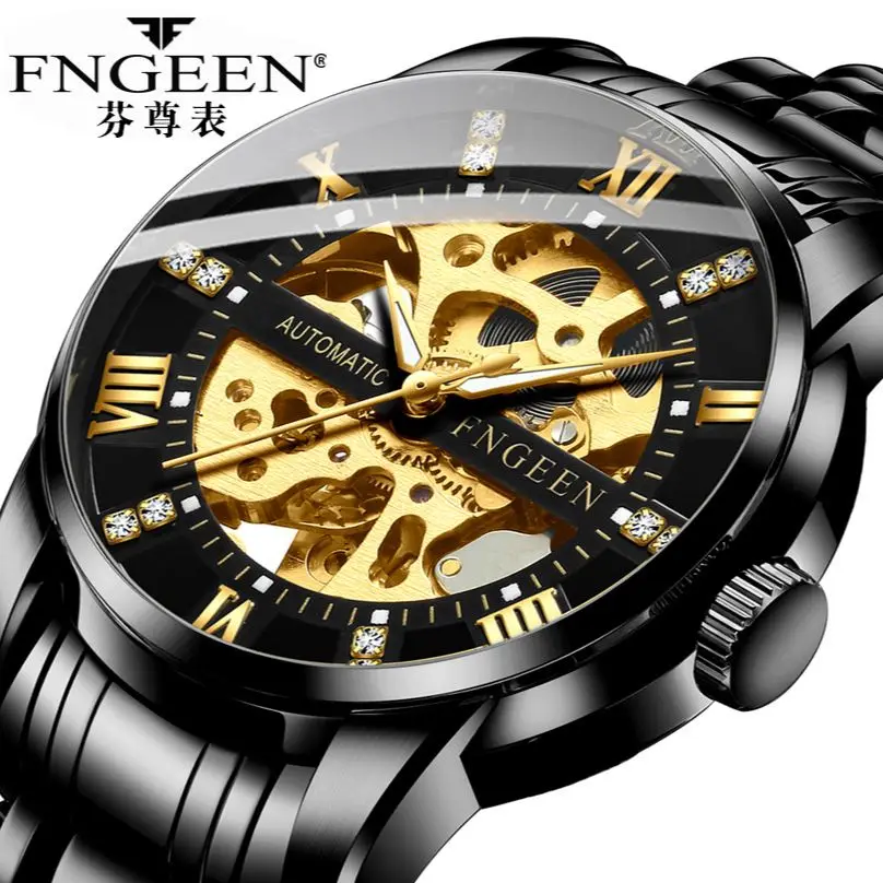 FNGEEN Men Watch Top Brand Luxury Automatic Mechanical Watch Men Full Steel Business Life Waterproof Hollow Sport Watches