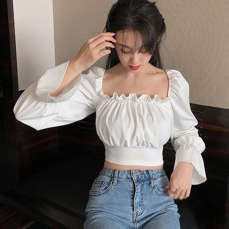 Sexy Bandage Navel Exposed Long Sleeve Shirt  Summer Women\'s Solid Slash NeckBlouses Retro Puff Sleeve Elastic Chic Blusa