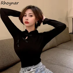 Chinese Style Women Cropped Long Sleeve T-shirt Vintage Elegant Pull Clothing Slim Inside Sexy Feminino Street Wear Fall Casual