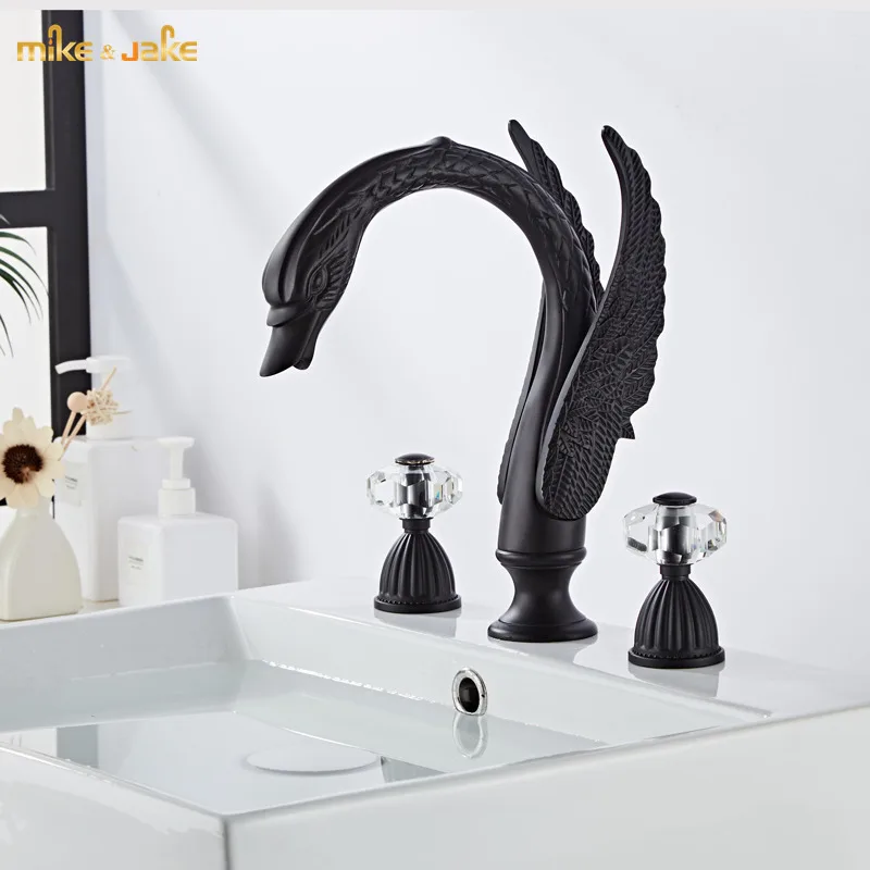 Crystal double handle basin sink tap Black crystal  bathroom faucets hot and cold swan tap crystal goose basin faucet