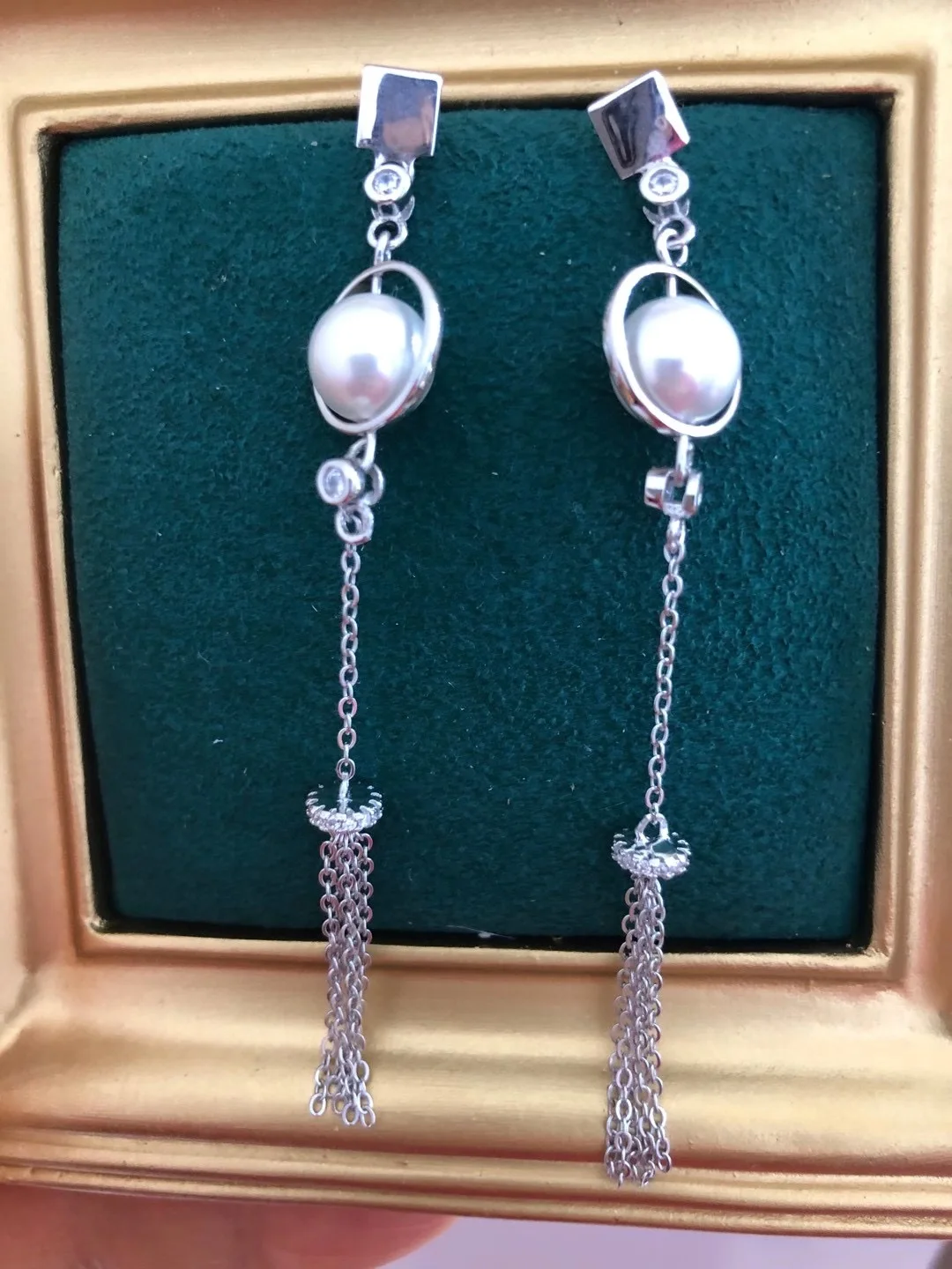 

MJ114 Solid S925 Silver Round 9-10mm Nature Fresh Water White Pearls Drop Dangle Earrings for Women Fine Presents with Zircons