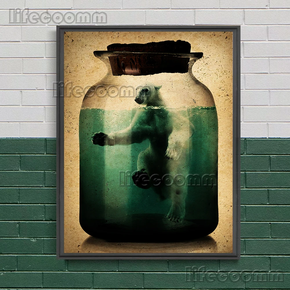 النظام البيئي في زجاجة الرسم على لوحات القماش الجدارية إنسان الغاب ، الدب القطبي ، السلاحف البحرية ، الباندا العملاقة ملصق فني وطباعة ديكور المنزل الفن