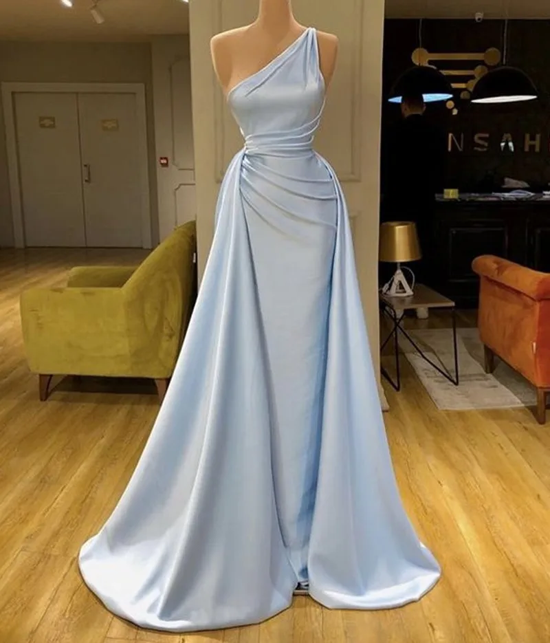 

2025 Sky Blue Mermaid Evening Dresses Elegant Women One Shoulder Satin Celebrity Party Gowns Simple Long Robe De Soriee