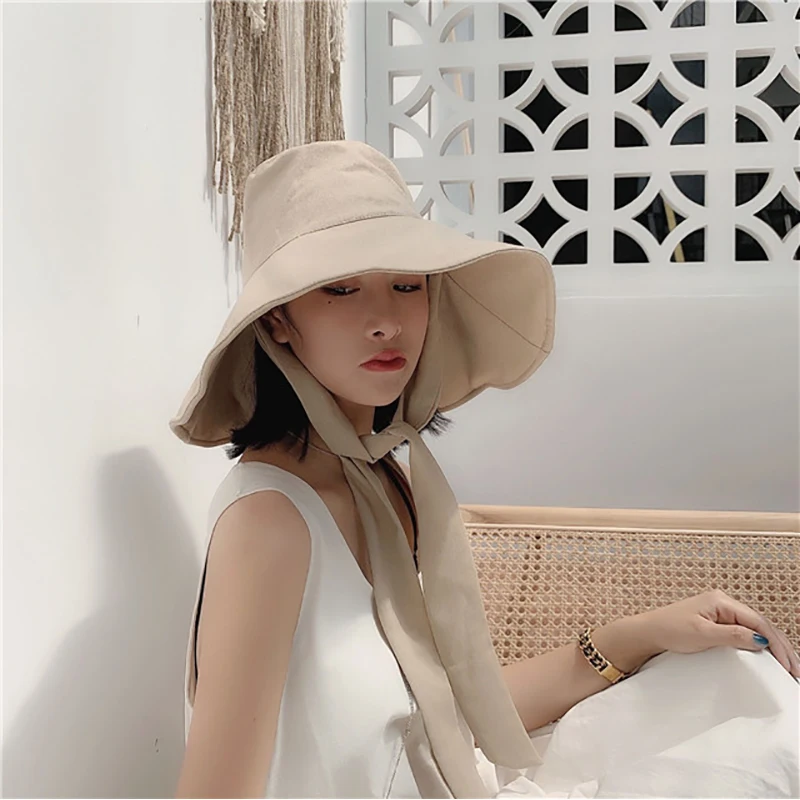 Japan and South Korea Big Brim Hat Women's Spring Summer Foldable Travel Sun Hat Cotton Linen Round Bandage Bow Fisherman Hat