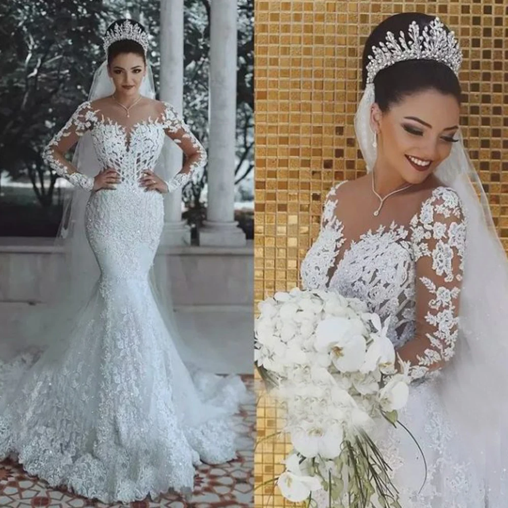 Vestidos De novia De sirena De manga larga africana De Dubái, Apliques De encaje De tul De piel De ilusión, vestidos De novia con cuentas, bata De Mariee 2021