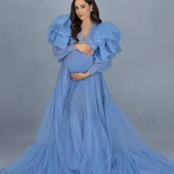 V Neck Prom Dresses for Pregnant Women Ruffles Cap Sleeve Sheer Evening Dress Female Photoshoot Maternity Gowns