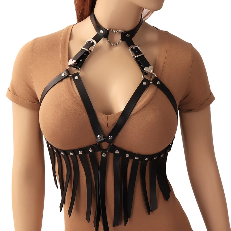 Goth Women Sexy Alluring Collar The Neck To Chest Harness Lingerie Punk Body Bondage Tassel Bra Underwear Belt Club Rave Costume