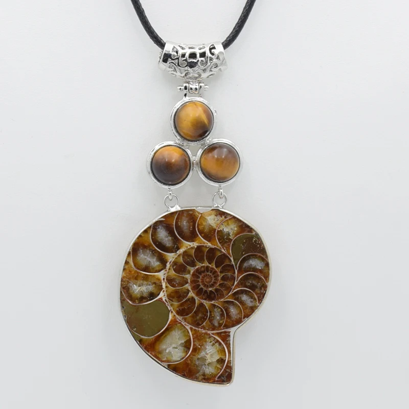 Bohemia Style Pendant Natural Ammonite Shell Round Charm Black Onyx Tiger Eye Stone Bead Pendants for Women Men Necklace