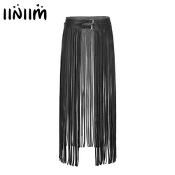 Women Ladies Fashion Clubwear Leather Buckles Gothic Punk Long Fringe Tassel Skirt Belt Nightclub Costume Cosplay Parties Skirts