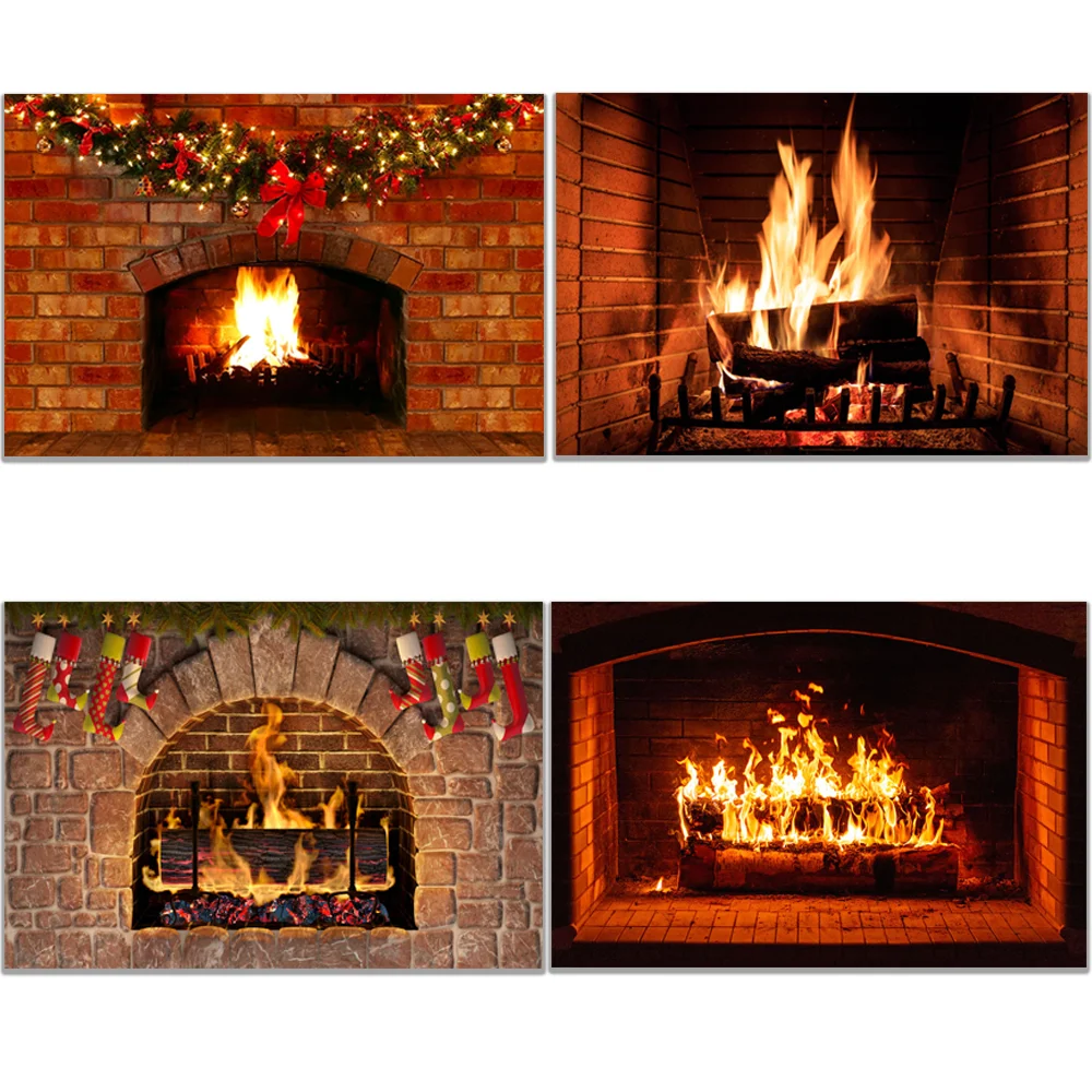 Christmas Backdrop For Red Brick Wall Burning Fireplace Background Photo Studio Props New Year Fireplace Wallpaper Poster Decor