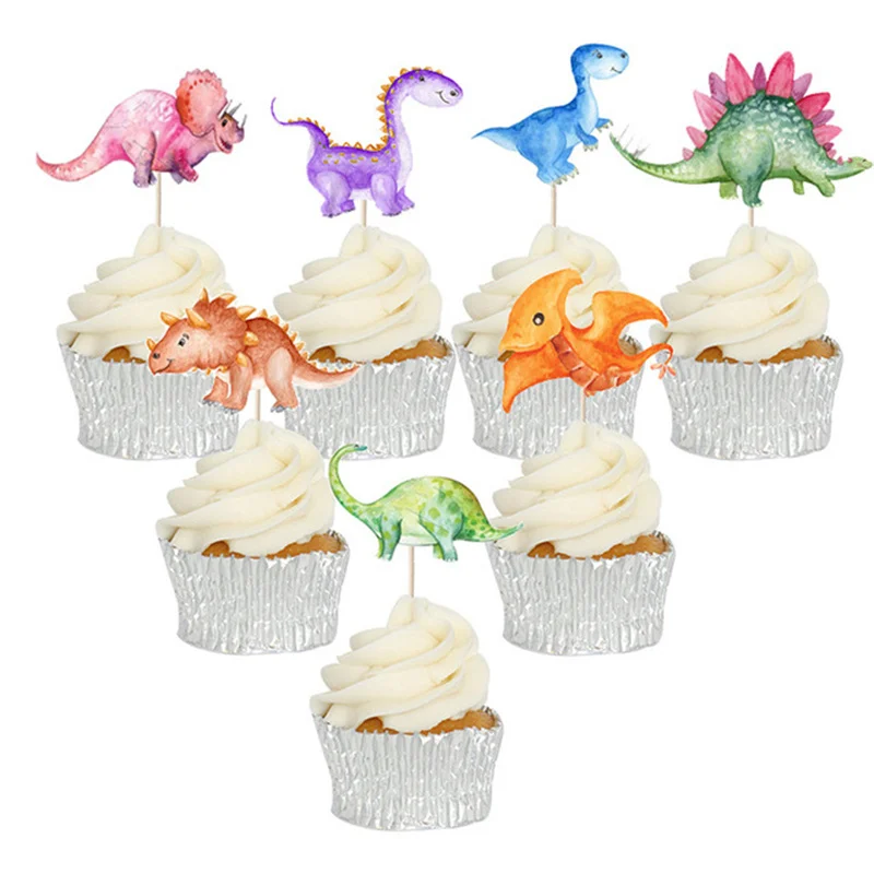 42Pcs Birthday Party Decoration Cake Topper Watercolor Dinosaur Cake Toothpick Inserted Birthday Party Decoration