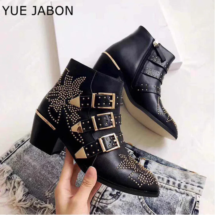 Susanna Studded Real Leather Ankle Boots Women Autumn Winter Round Toe Buckle Strap Shoes Woman Motorcycle Square Heel booties