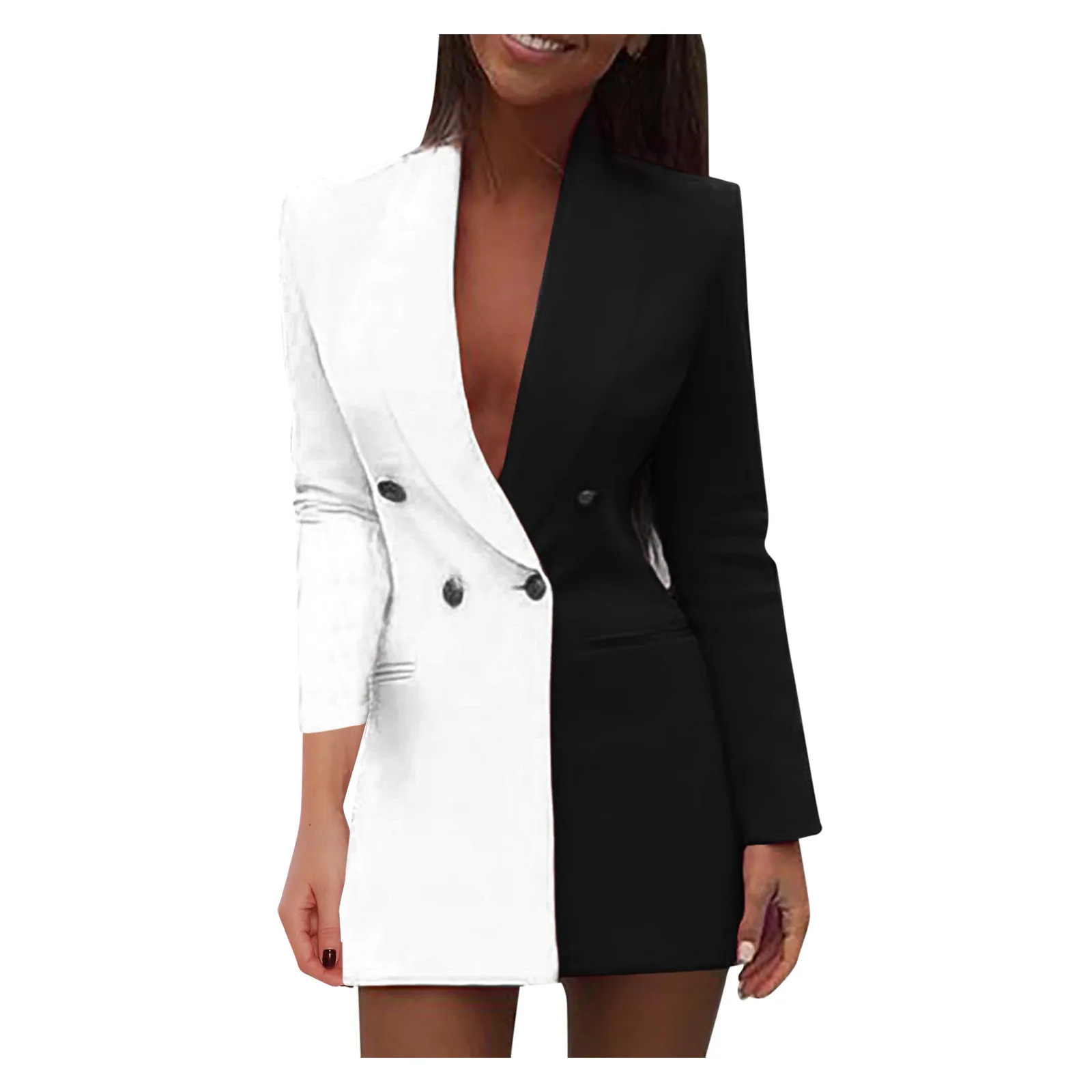 Women Blazer 2020 Winter Slim Long Sleeve Elegant Female Suit Double Black White Breasted Coat Jacket Office Dress Coat