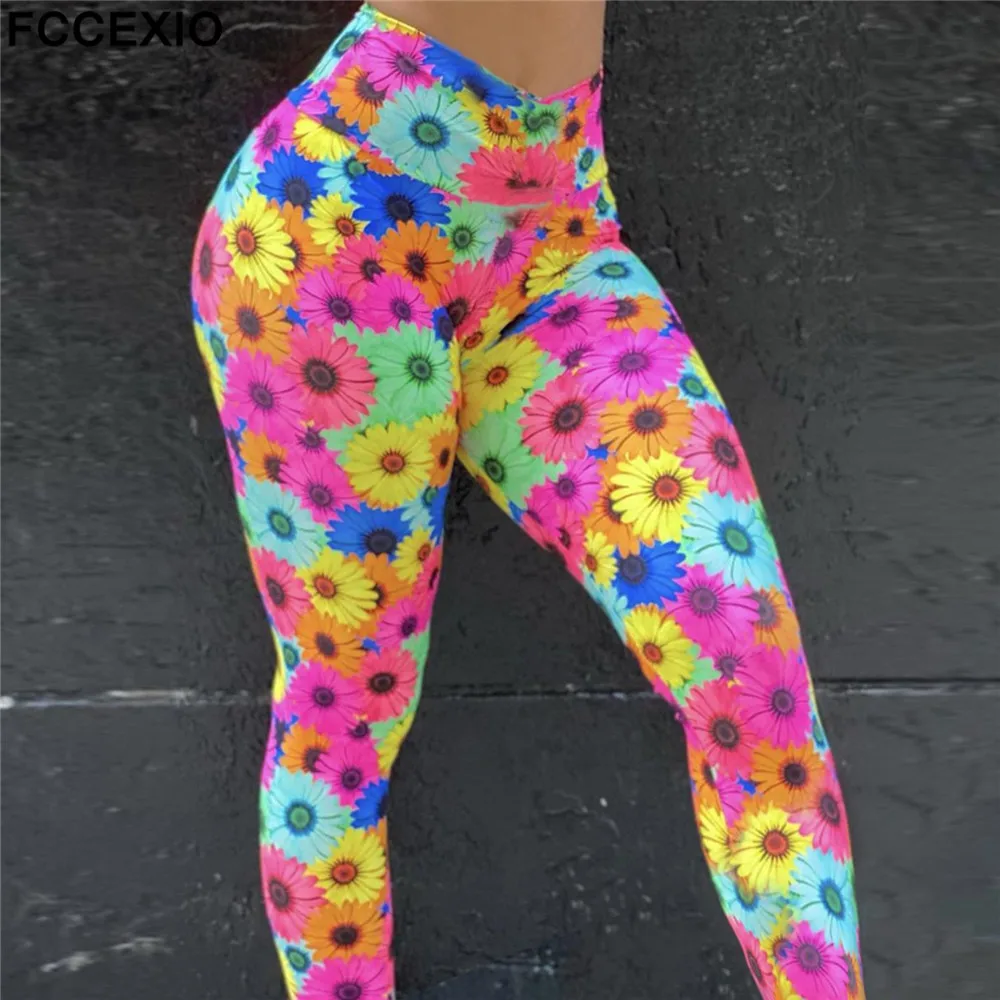 FCCEXIO Chrysanthemum 3D Print Women Pants Push Up Running Sports Leggings Slim Pants Female Casual Trousers Fitness Legging