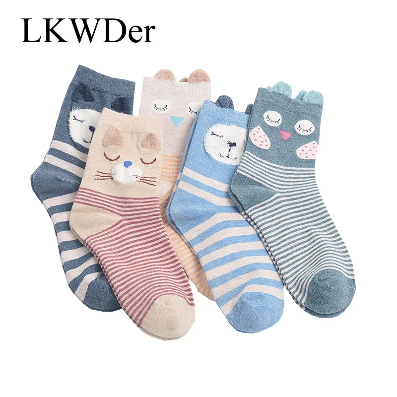 LKWDer 5 Pairs New Spring Autumn Women Cotton Socks In Tube Animal Ear Cute Socks Fox Bear Soft Cartoon Socks Girl Sweet Striped