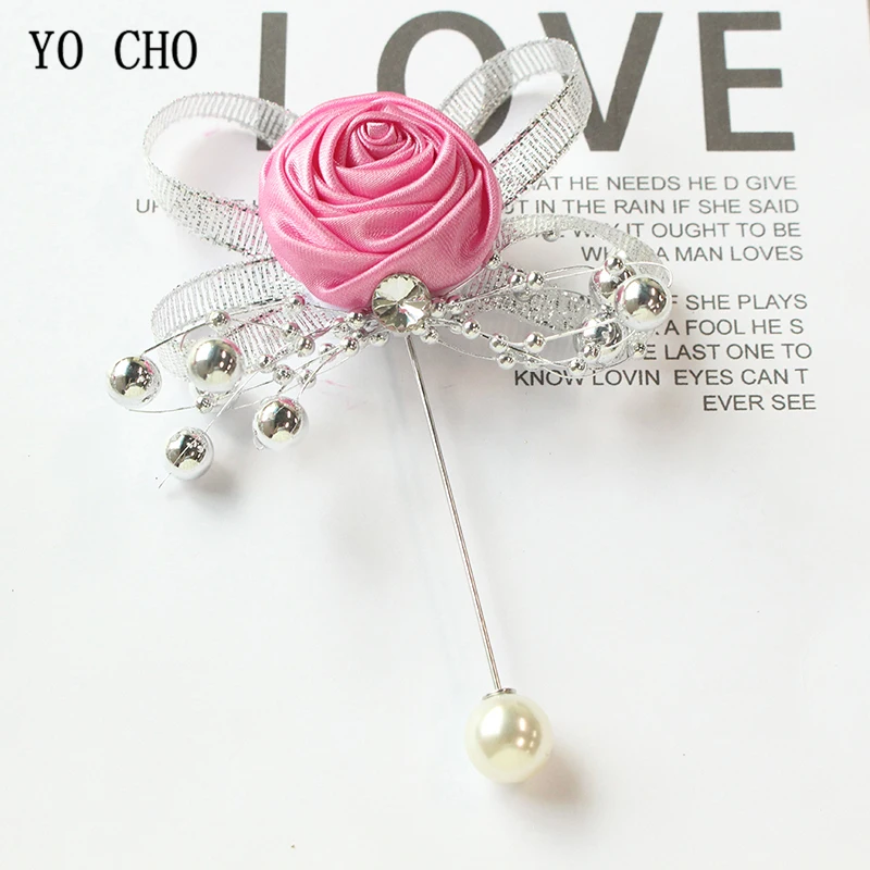 YO CHO-Groom Boutonniere Broche Buttonhole para Mulheres e Homens, Pinos De Corsage De Casamento, Rosas De Seda, Corsage Flores Acessórios