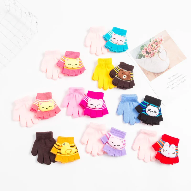 1-5 Years Old Children's Winter Warm Thick Gloves Are Multi-purpose Girls And Boys Cute Cartoon Mittens Half-finger Gloves