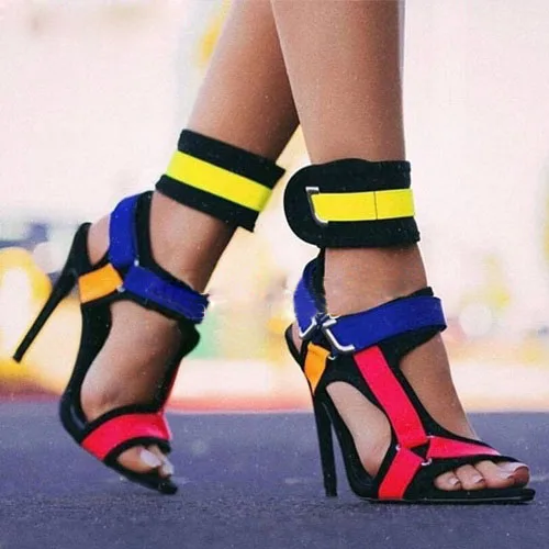 

Women Sexy Braided Multi Straps Pointy toe Thin Heel Sandals Buckle Strap Dress Shoes Fuchsia Patchwork Open toe Sandals