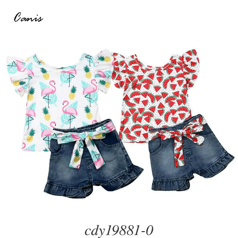 2pcs Clothes Set Toddler Baby Girls Flamingo Print Floral Watermelon Tops T-shirt Denim Jeans Shorts Pants Kids Outfits