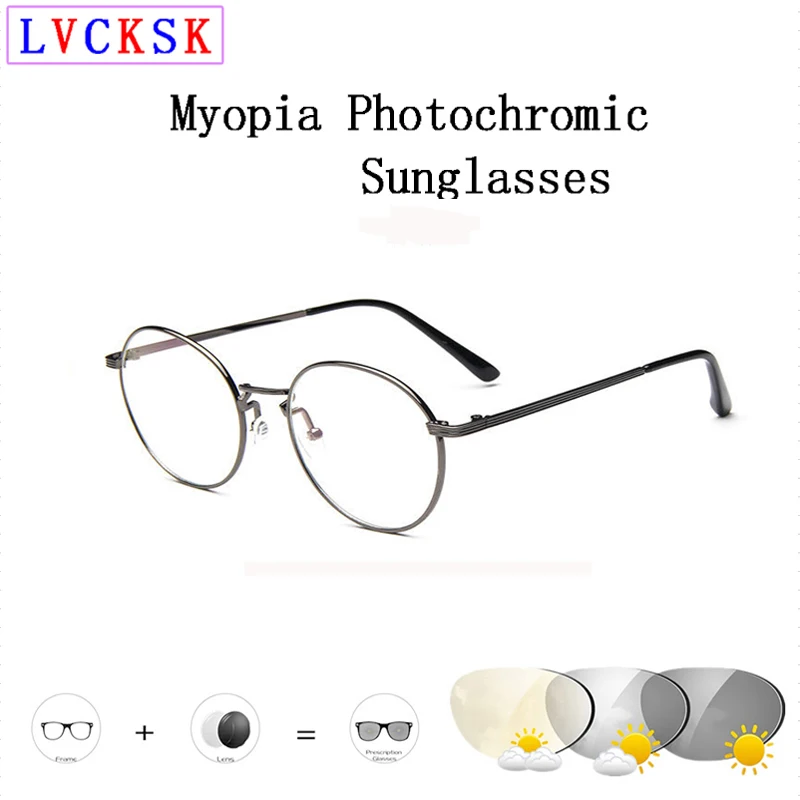 

Photochromic Myopia Sunglasses Finished Men Women Round Eyeglasses Frame Changing color lens Sun glasses Eyewear -1.0 -6.0