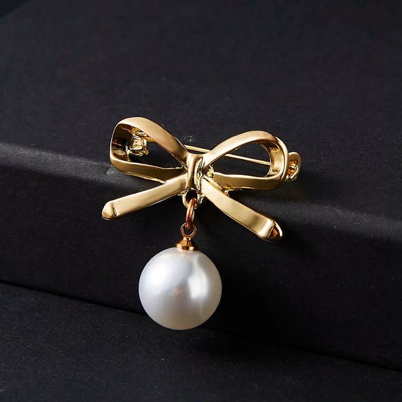 Elegant Silver Color Bowknot Simulated Pearl Brooch Lapel Pin For Women Simple Dress Coat Cardigan Wedding Jewelry Gifts