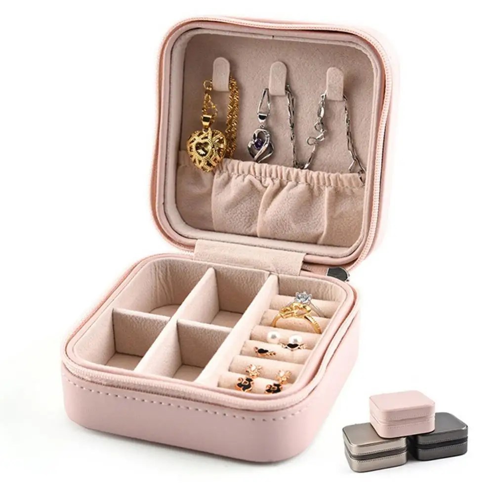 Portable Faux Leather Zip Jewelry Box Ring Earrings Bracelet Storage Case Pouch Delicate Jewelry Organizer