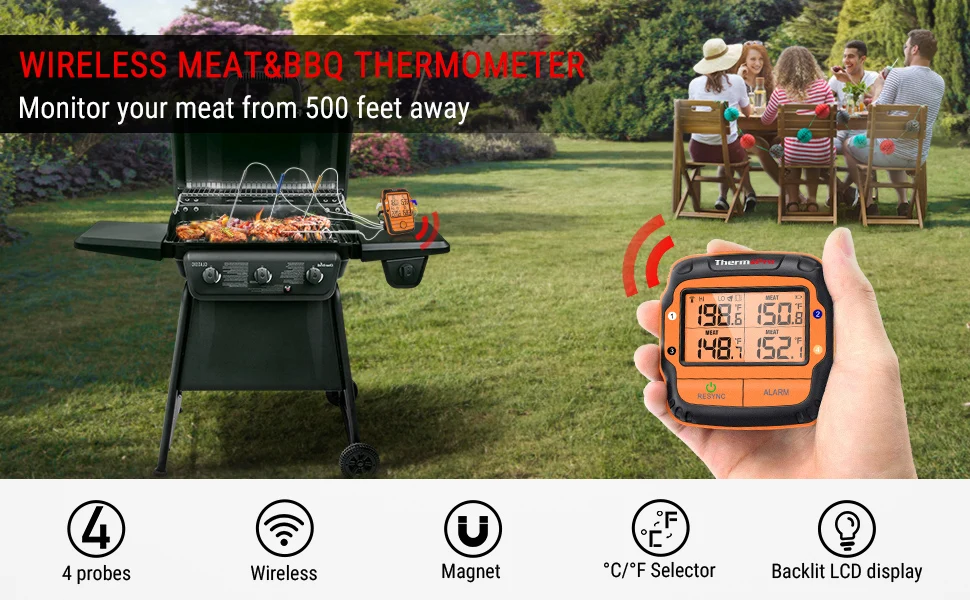 ThermoPro TP08C Thermomètre Numérique pour Barbecue sans Fil Thermomètre de Cuisine avec Double Sonde pour la Cuisson de la Viande Thermomètre pour Four avec Rétroéclairage LCD Mode Minuterie