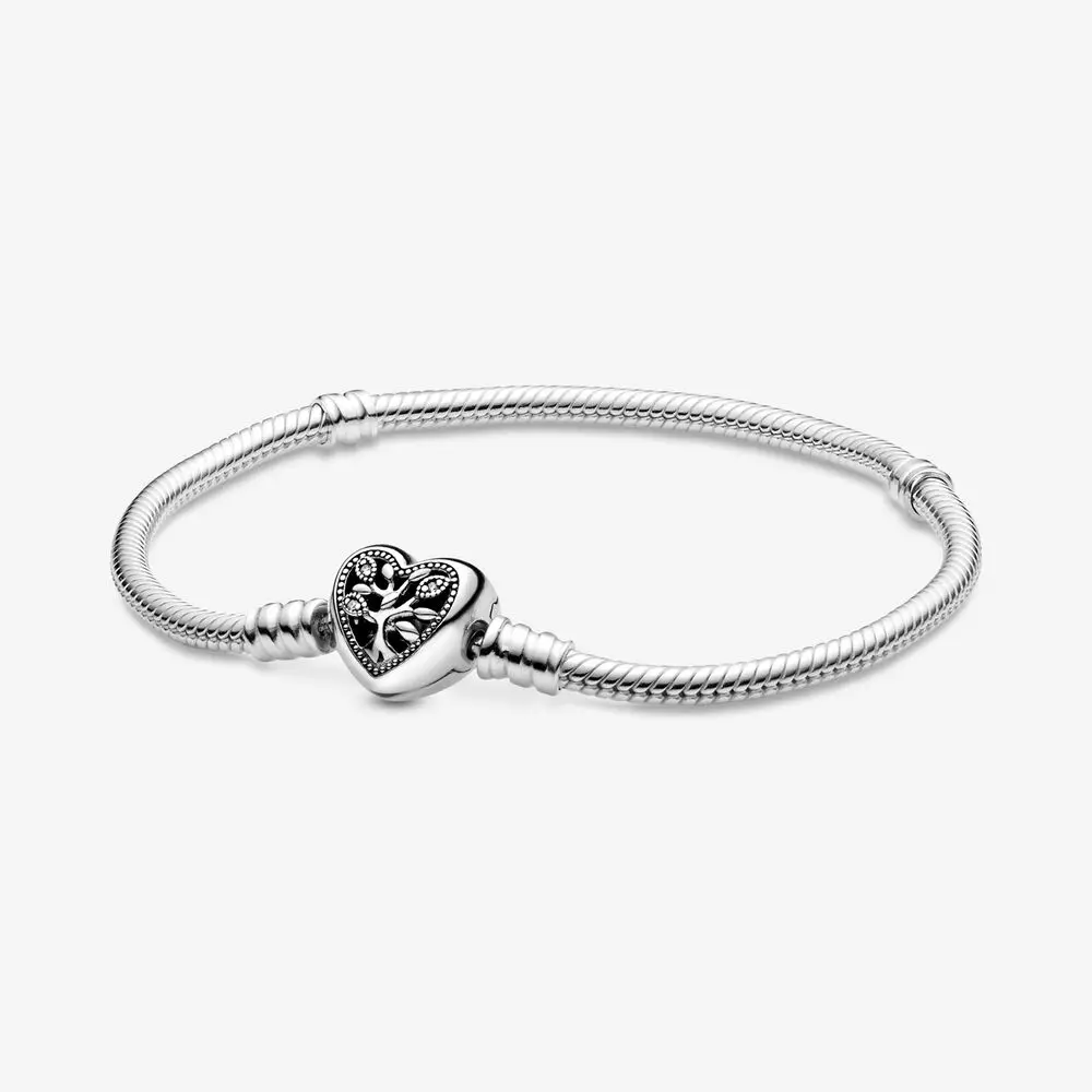 

Genuine 925 Sterling Silver Moments Family Tree Heart Clasp Snake Chain Bracelets For Women DIY Original Jewelry Bracelet Femme