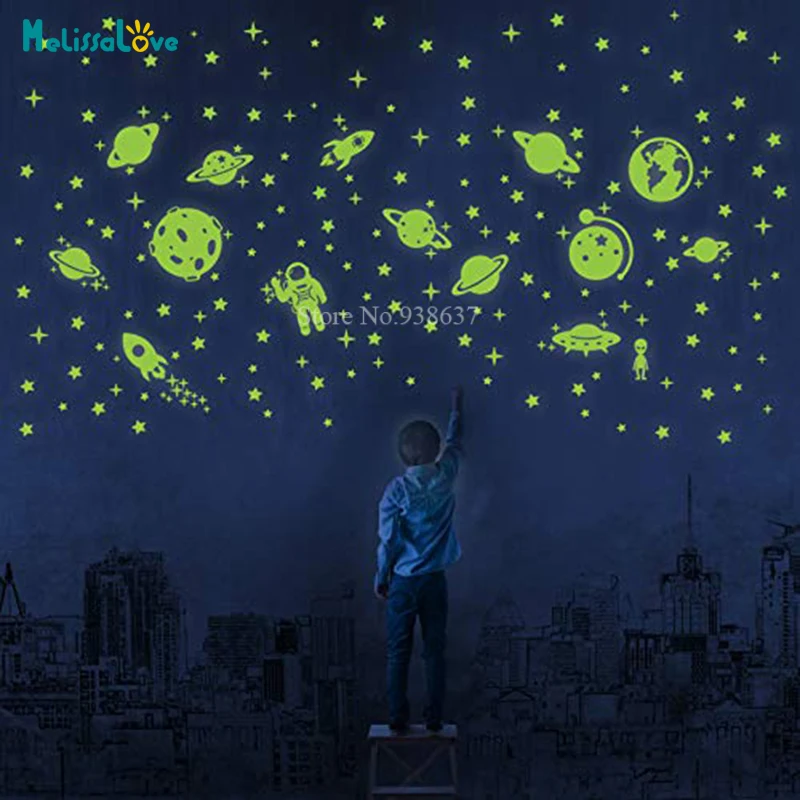 260 pcs Solar System Space Galaxy Planets Baby Room Glow in Dark Glowing Wall Sticker Nursery ceiling Birthday Party Decal BC004