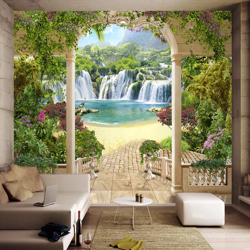 Custom Wall Cloth Garden balcony waterfall landscape Photo Mural Wallpaper Living Room TV Background Wall Sticker Wall Painting