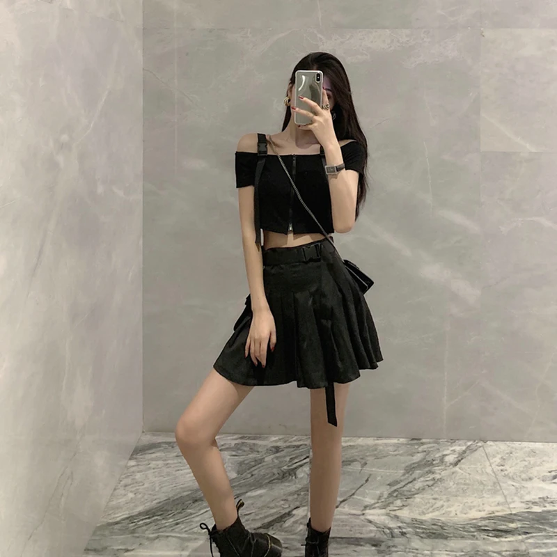 Gothic High Waist Belt Pleated Mini Skirt Women 2021 Fashion Streetwear Korean Womens Hip Hop Cargo Punk Sexy Skirts