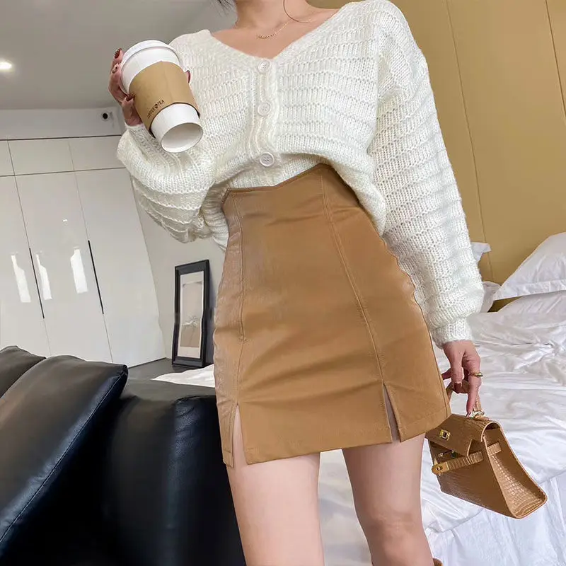 Skirts Women PU Sexy Sheath Side Slit Autumn Winter All-match High Waist Abdomen Club Female Elegant Retro A-line Chic Fashion