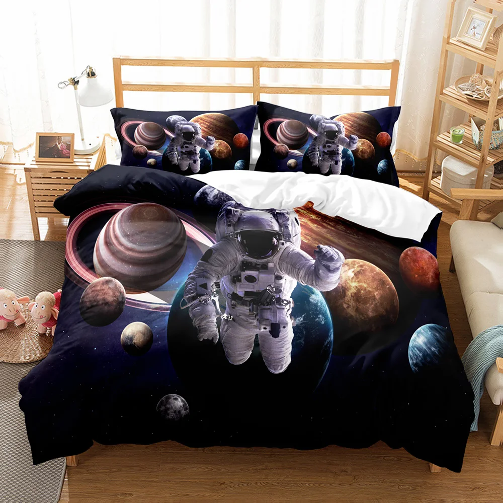 

Astronaut Moon Print Bedding Sets Deep Blue Planet Comforter Cover Set Cartoon Kids Duvet Covers Microfiber Fabric Bedclothes