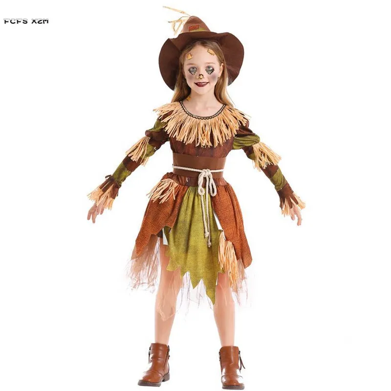 S-M Girls Horrifying Scarecrow Cosplay Children Kids Halloween Beggar Costumes Carnival Purim Parade Stage Role Play Party Dress