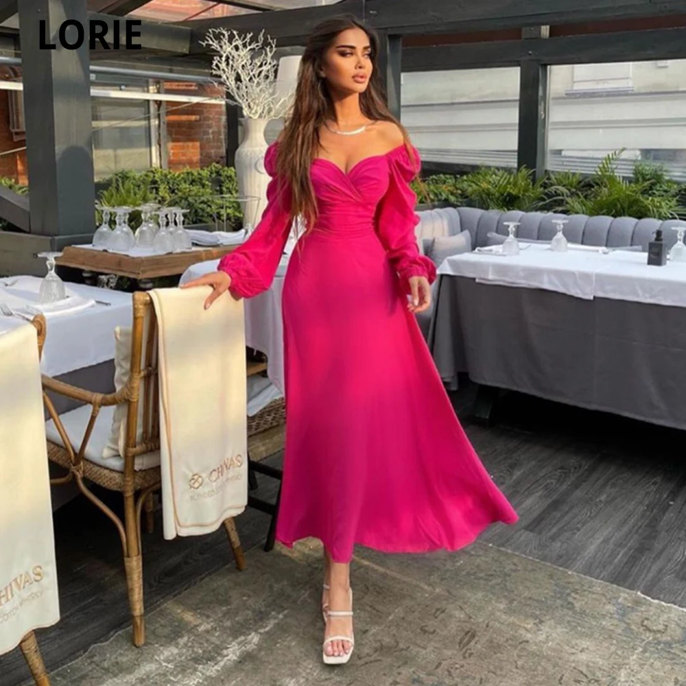 Lorie Hot Roze Lange Mermaid Chiffon Dubai Partij Jassen Avondjurken Strapless Bladerdeeg Mouw Formele Vestidos De Festa Prom Jassen