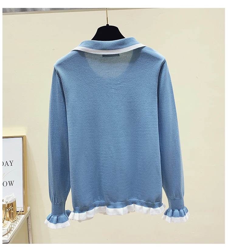 2021 Autumn Winter Cardigan Ruffle Sweater Casual Simple Long Sleeve Turndown Collar Jumpers and Bottom Outerwear Top