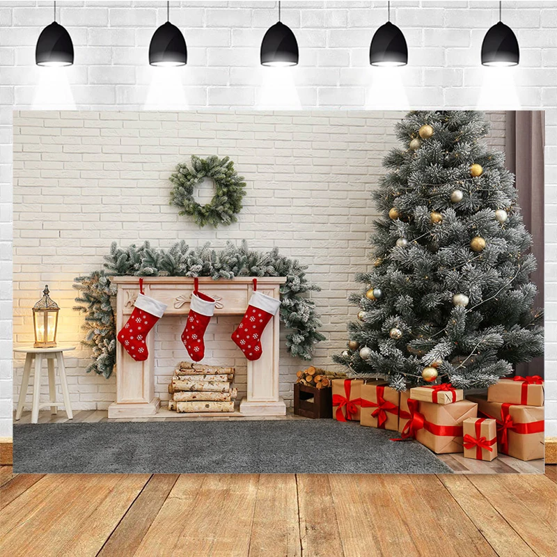 Christmas Backdrop White Brick Wall Fireplace Photography Xmas Tree Gift Decor Kids Portrait Photo Props Studio Booth Background