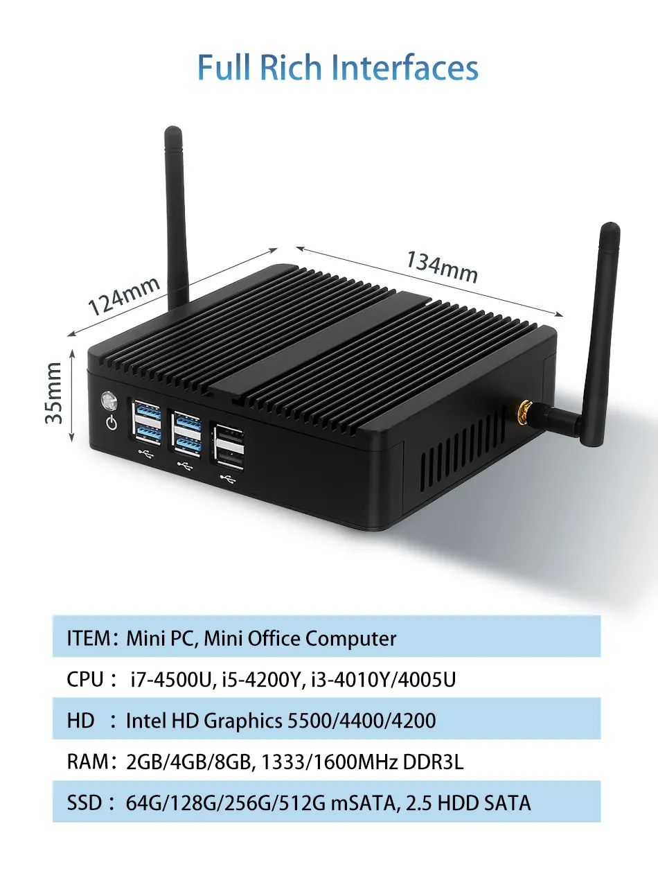 Intel Core I7-4500U I5-4200U Fanless Mini PC with 4xUSB3.0 4xUSB2.0 1xHDMI 1xVGA Support Linux Ubuntu Computer Win10Pro Ready