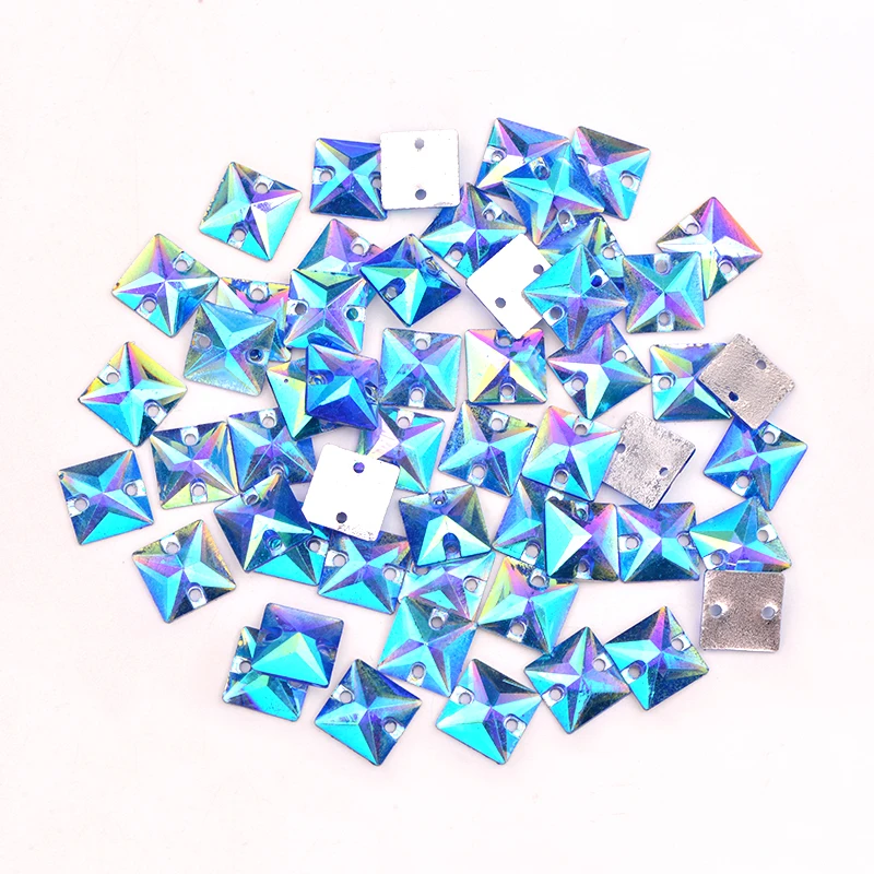 JUNAO 10mm Aquamarine AB Square Crystals Sew On Rhinestone Flatback Resin Gems Sewing Crystal Strass Beads for Clothes Crafts