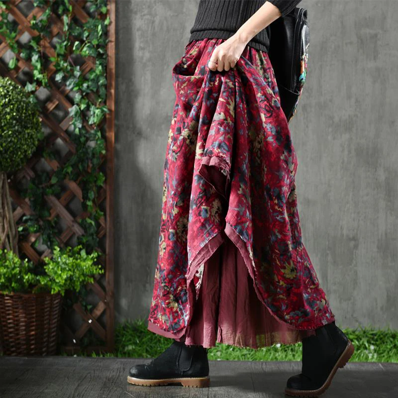 Spring Autumn New Arts Style Women High Waist Cotton A-line Long Skirt Vintage Print Loose Maxi Skirt Female Casual Skirt S272