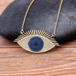 Turkish Lucky Blue Eye Necklace Copper Zircon Evil Eye Pendant Choker Charms Link Chain Necklace Jewelry Gift For Women Men