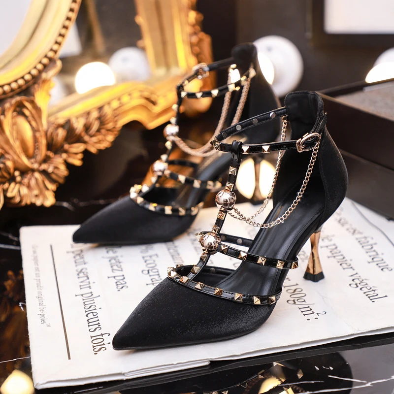 2024 Spring summer new black high heels with thin rivets shoes Design dress sandals women pumps female fairy style