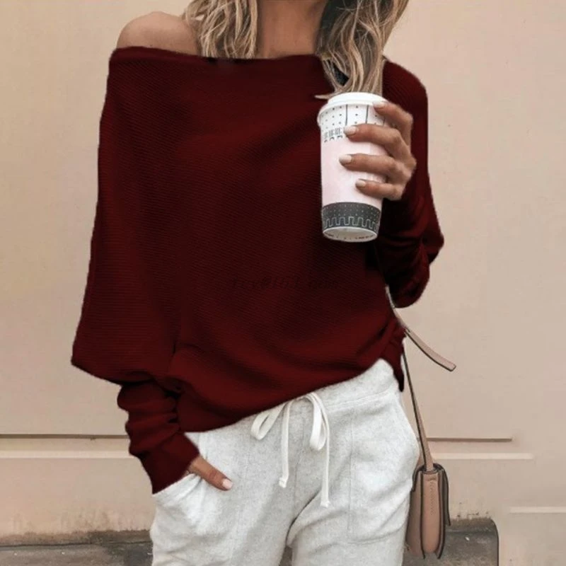 Womens Autumn Spring Off Shoulder Sweater Long Batwing Sleeves Solid Color Knitted Pullover Tops Loose Casual Knitwear Jumper